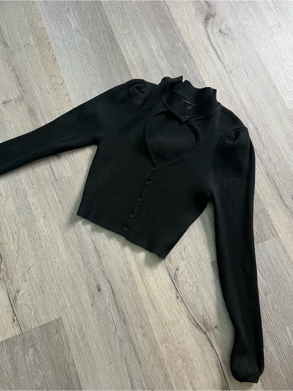 Fashion Nova Black Ribbed Heart-Cut Long Sleeve Top